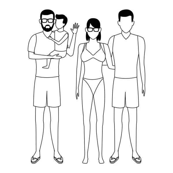 Familia avatar personaje de dibujos animados blanco y negro — Vector de stock