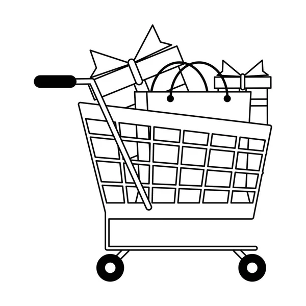 Shoppingbag och presenter i vagn i svart och vitt — Stock vektor