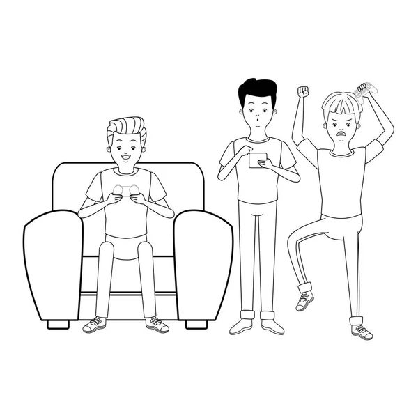 Millennial gente partido de juego en blanco y negro — Vector de stock