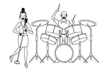 müzisyen davul çalıyor ve siyah beyaz şarkı söylüyor