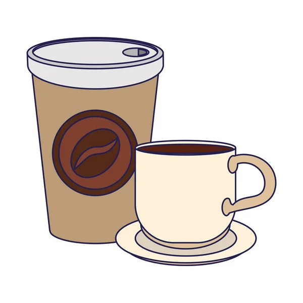 Café para llevar taza y taza en las líneas azules plato — Vector de stock