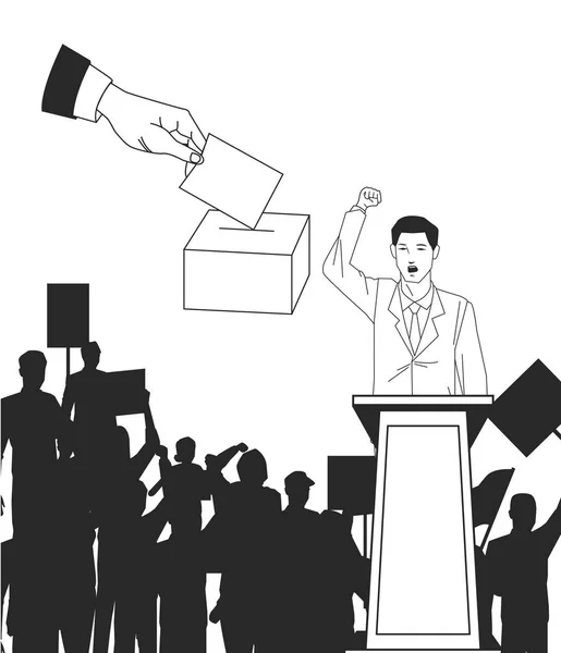 Ember, hogy a beszédet a közönség sziluettje és a kéz szavazás — Stock Vector
