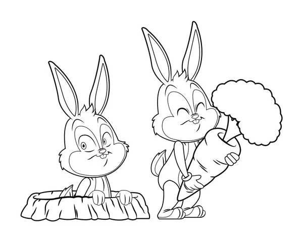 Carino pasqua coniglietto felice amici coniglio buco in bianco e nero — Vettoriale Stock