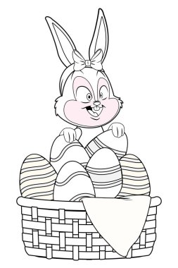 Sevimli paskalya tavşanı kutlama yumurta sepeti siyah ve beyaz