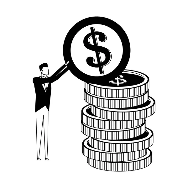 Empresario con monedas apiladas en blanco y negro — Vector de stock