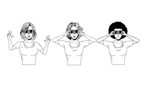 Femmes avec casque de réalité virtuelle noir et blanc — Image vectorielle