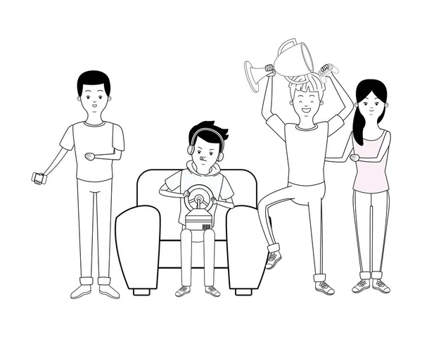 Millennial gente partido de juego en blanco y negro — Vector de stock