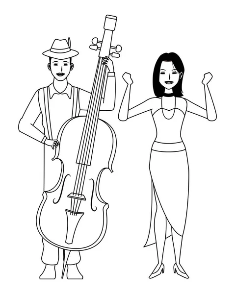 Musicien jouant de la basse et dansant noir et blanc — Image vectorielle