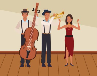 bas trompet çalan müzisyen ve dans