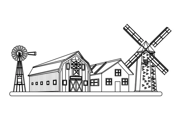农场谷仓和风力涡轮机黑白 — 图库矢量图片