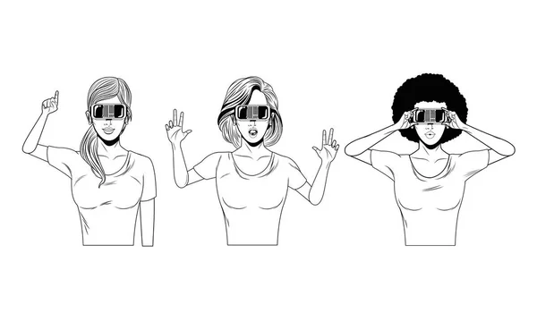 Femmes avec casque de réalité virtuelle noir et blanc — Image vectorielle