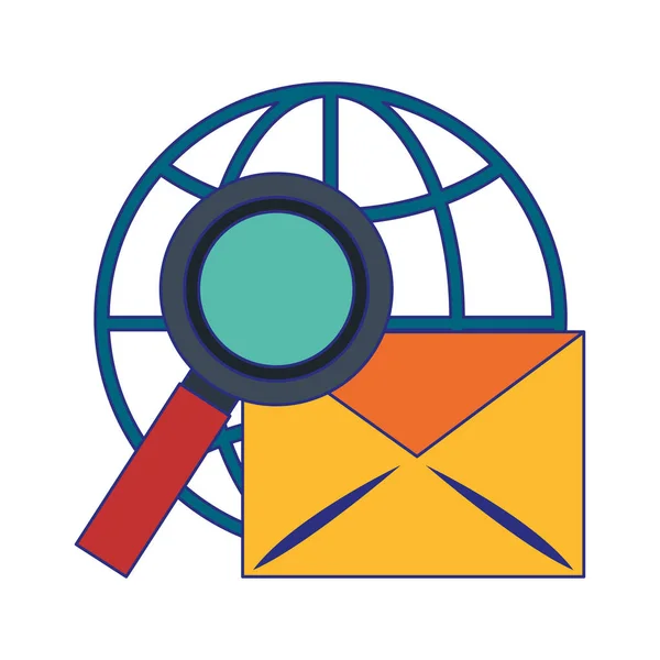 E-mail e lupa global esfera linhas azuis — Vetor de Stock