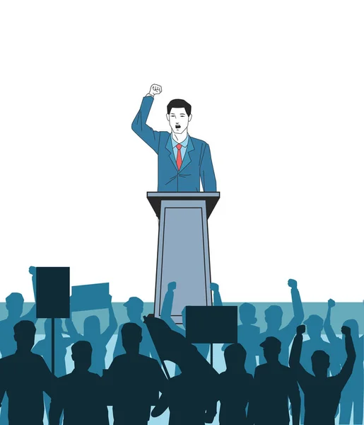 Hombre haciendo un discurso y silueta de audiencia — Vector de stock