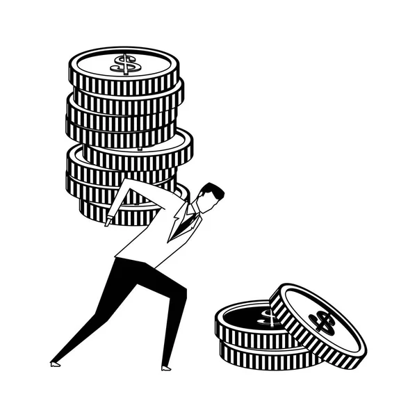 Empresario sosteniendo monedas en la espalda en blanco y negro — Vector de stock