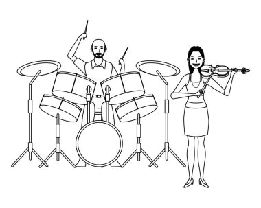 davul çalan müzisyen ve keman siyah beyaz