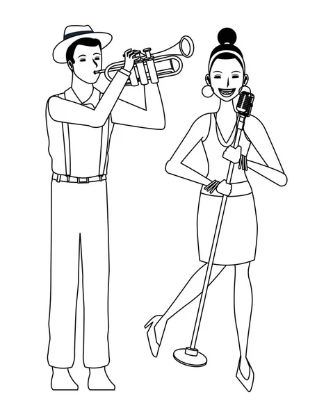 Musicus spelen trompet en zingen zwart-wit — Stockvector