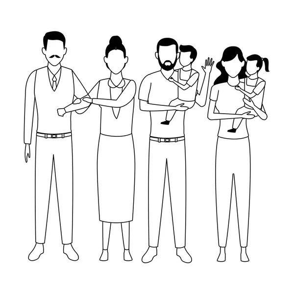 Rodinné avatar kreslená postava černá a bílá — Stockový vektor