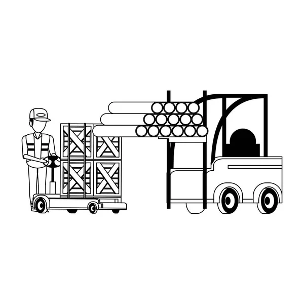 Conceito de trabalho de logística de trabalhador de armazém em preto e branco —  Vetores de Stock