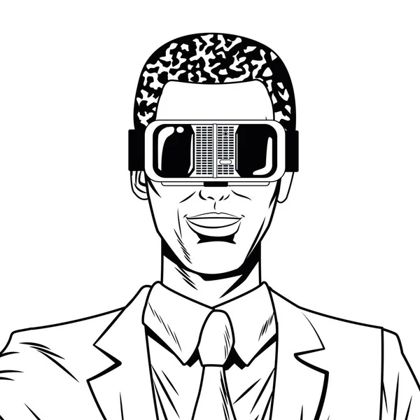 Uomo con auricolare realtà virtuale in bianco e nero — Vettoriale Stock