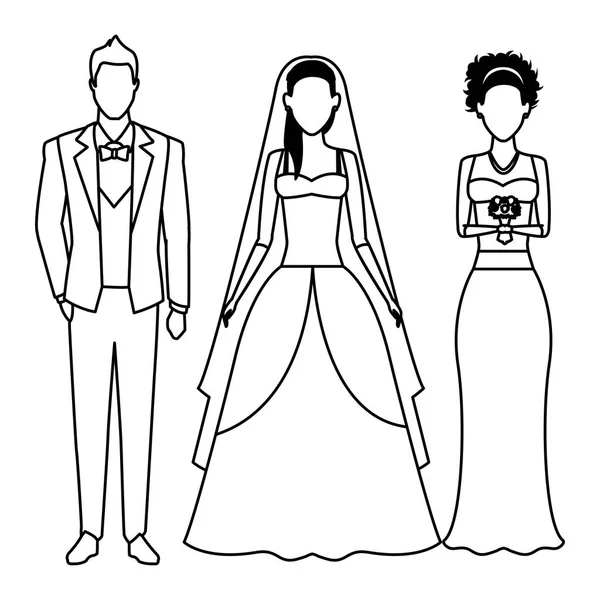 Personas vestidas para la boda en blanco y negro — Vector de stock