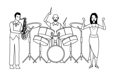 müzisyen saksafon davul çalma ve siyah beyaz dans