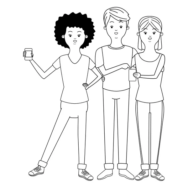 Millennials ve akıllı telefonlar siyah beyaz karikatürler — Stok Vektör