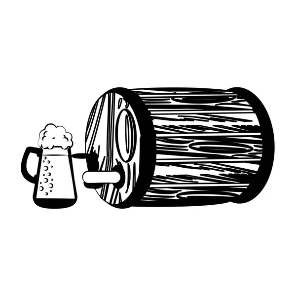 Бочка пива и стекло в черно-белом цвете — стоковый вектор