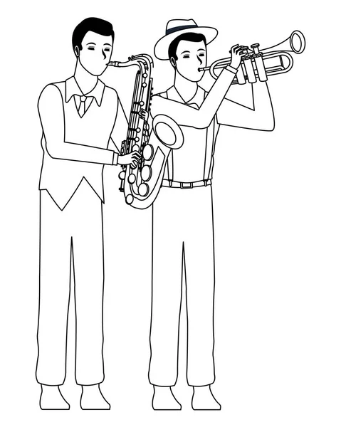 Músicos tocando saxofón y trompeta en blanco y negro — Vector de stock