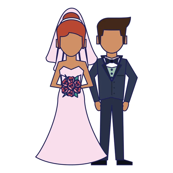 Boda novio y novia dibujos animados líneas azules aisladas — Vector de stock