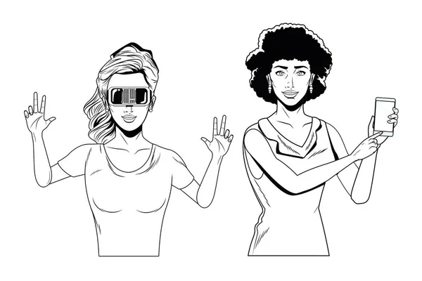 Nők virtuális valósággal headset fekete-fehér — Stock Vector
