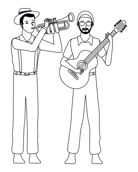 Musicus spelen trompet en gitaar zwart-wit — Stockvector