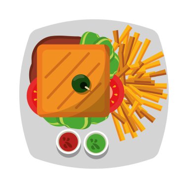 Sandviç ve yemek üzerinde soslar ile patates kızartması