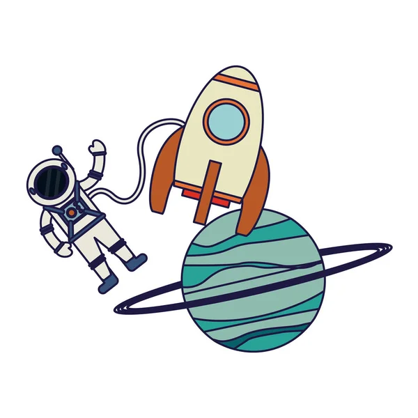 Astronauta y cohete espacial con planeta — Vector de stock