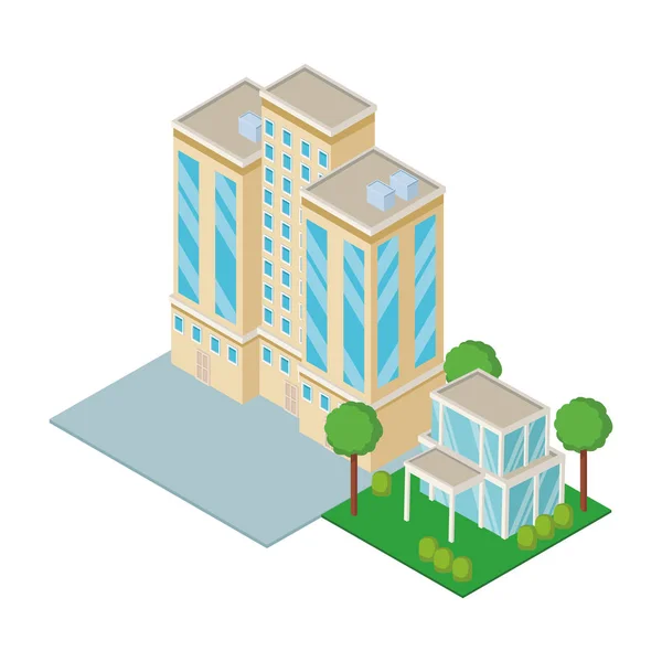 Centro y edificio de la casa isométrica — Vector de stock