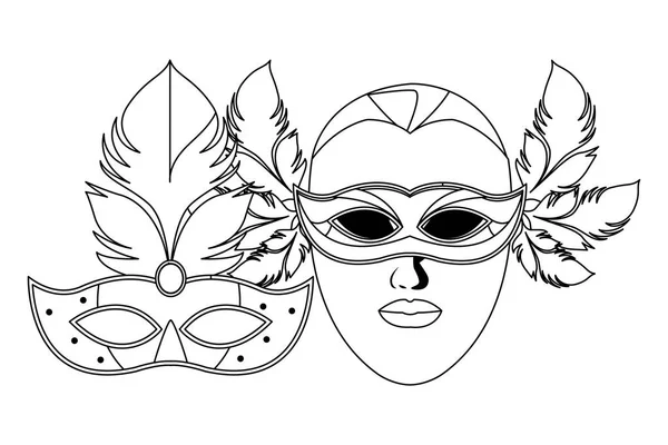 Máscaras y plumas blanco y negro — Vector de stock