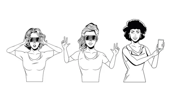 Kobiety z zestawu słuchawkowego wirtualnej rzeczywistości czarno-białe — Wektor stockowy