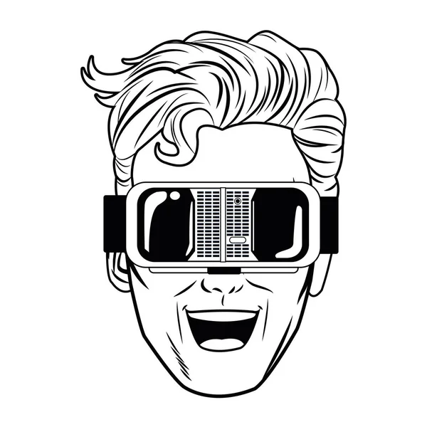 Pop art cara de homem com óculos de realidade virtual — Vetor de Stock