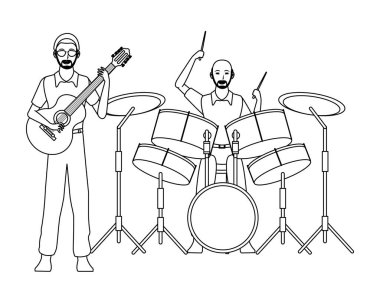müzisyen davul ve gitar siyah beyaz oynuyor
