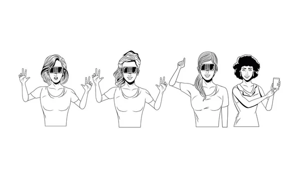 Mujeres con auriculares de realidad virtual en blanco y negro — Vector de stock