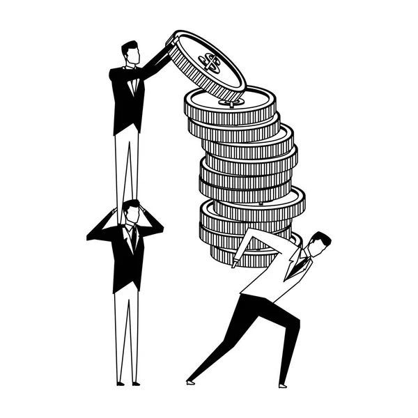 Empresarios cargando con monedas a empresario en blanco y negro — Vector de stock