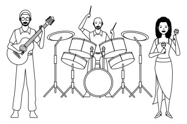 gitar davul ve maracas siyah beyaz çalan müzisyen