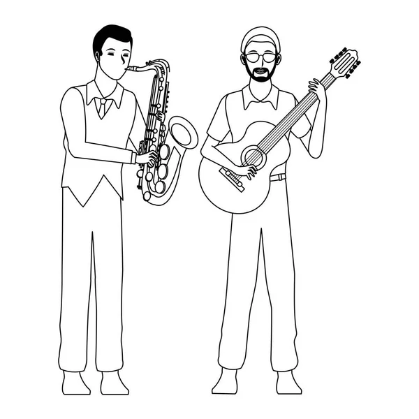 Musicien jouant du saxophone et guitare noir et blanc — Image vectorielle