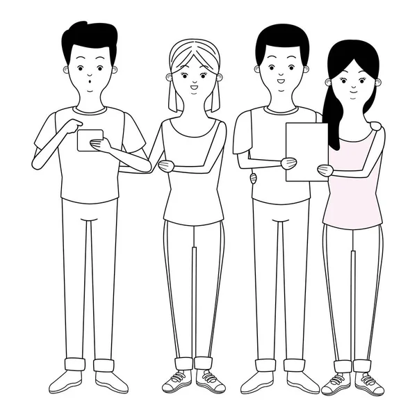 Millennials e smartphone cartoni animati in bianco e nero — Vettoriale Stock