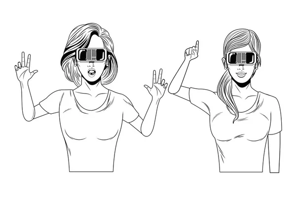 Mulheres com realidade virtual headset preto e branco — Vetor de Stock