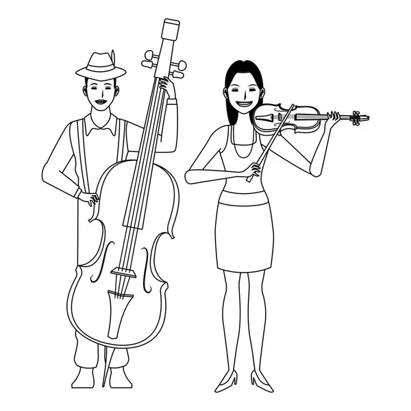 Musicien jouant de la basse et du violon noir et blanc — Image vectorielle