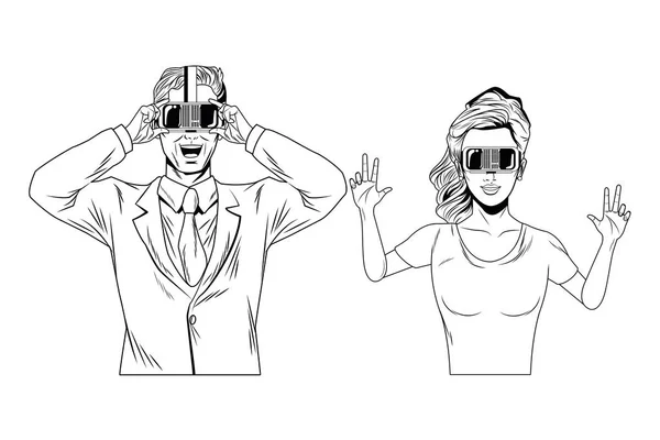 Pár visel virtuális valóság headset fekete-fehér — Stock Vector