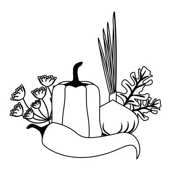 Caricatura de verduras frescas en blanco y negro — Vector de stock