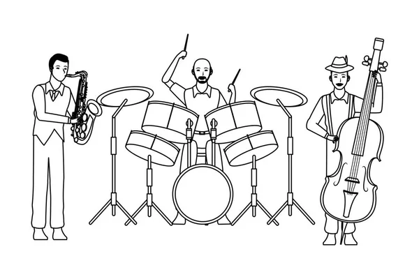 Músico tocando la batería de saxofón y bajo en blanco y negro — Vector de stock