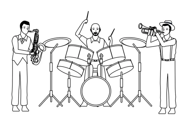 Musicus spelen saxofoon drums en trompet zwart-wit — Stockvector