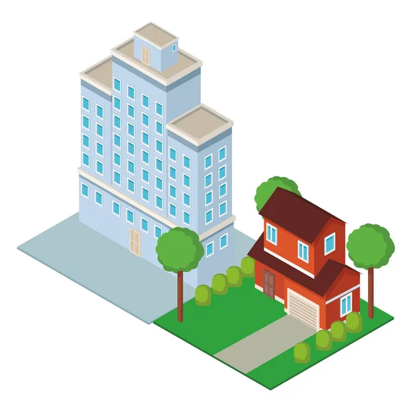 Downtown and house building isometric — Stock Vector